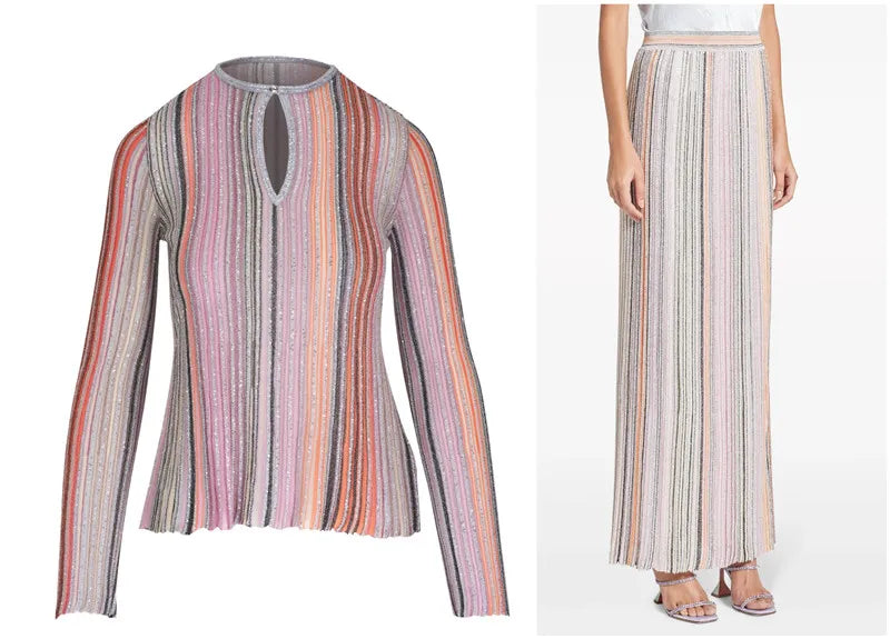 Women Metallic Sequined Striped Long Sleeve Knit Top+ Elastic Waist Long Skirts Sets