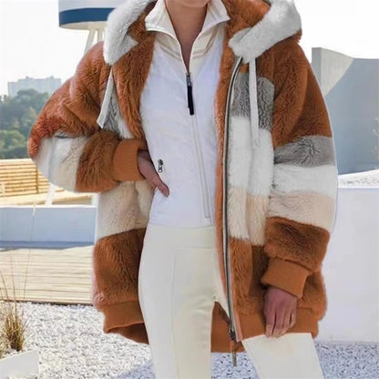 Autumn Winter Warm Plush Pocket Hooded Streetwear Loose Lady Outerwear Coat