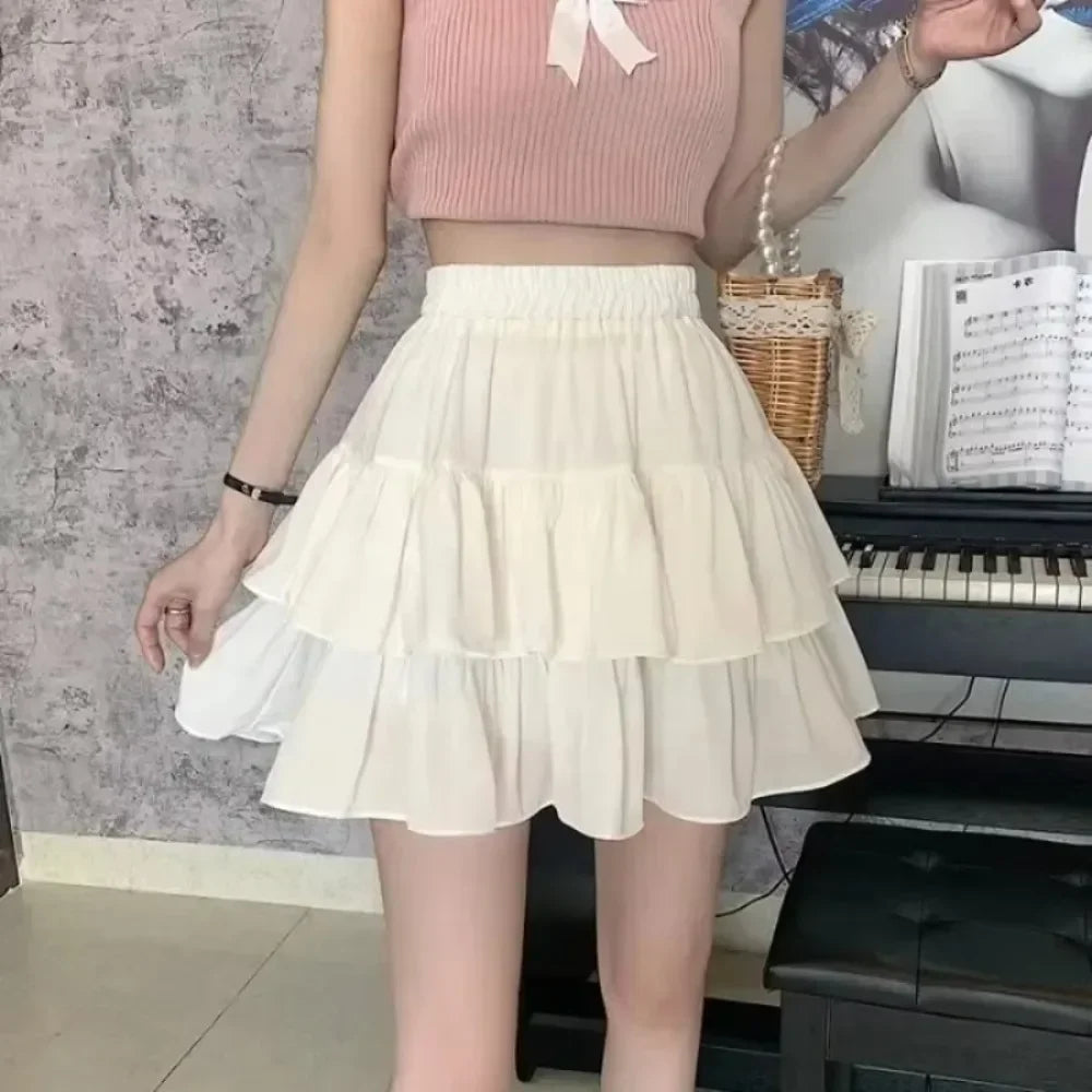 Summer Kawaii White Ruflles Skirt Women Fashion Slim Fit Chiffon Mini Skirts Giris Y2k All Match Elastic High Waist Black Faldas