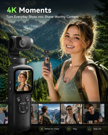 New Real 4K Action Camera With 330° Face Tracking Gimbal Stabilizer 75MP Pixels WiFi Function Pocket Gimbal Camera for Vlog