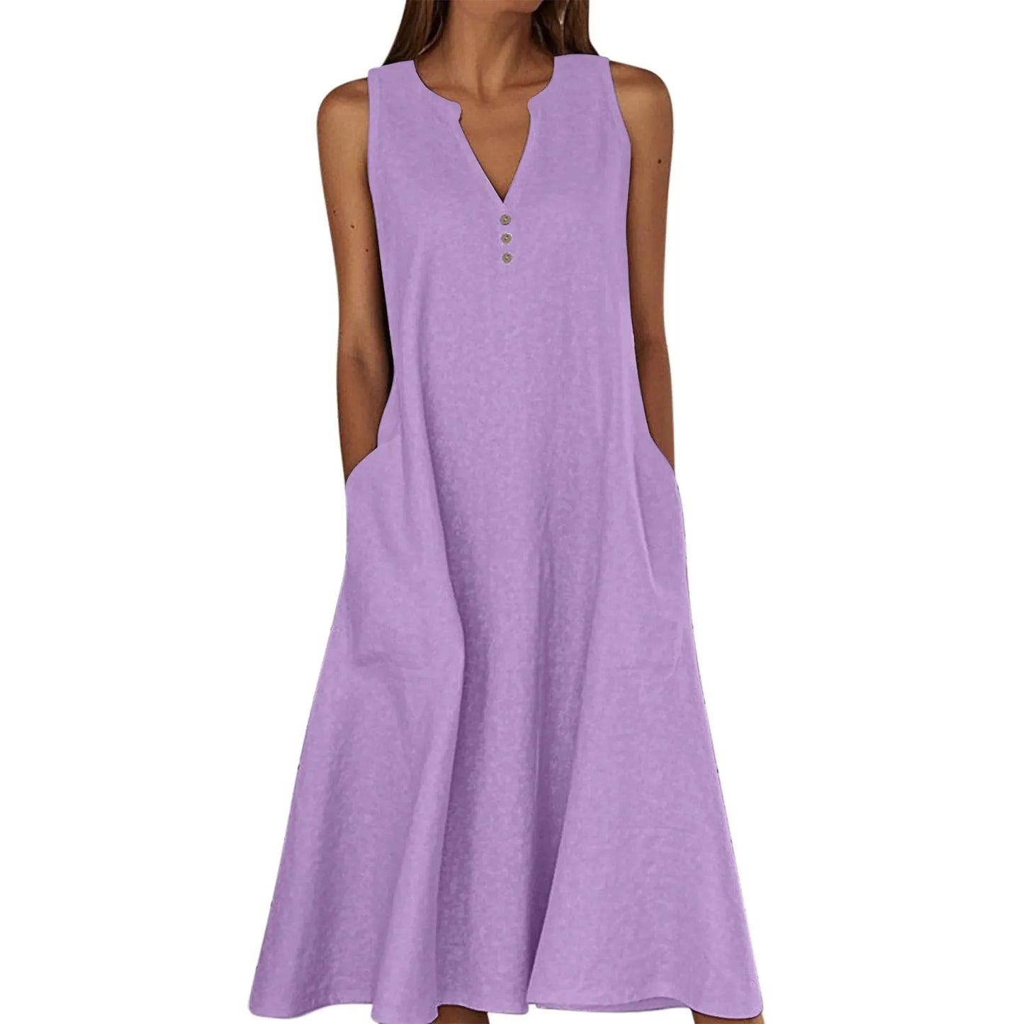 Women's Summer Casual V-neck Button Solid Color Sleeveless Long Dress With Pockets Female Elegant Trendy Casual Loose Dresses