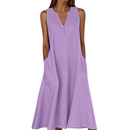 Women's Summer Casual V-neck Button Solid Color Sleeveless Long Dress With Pockets Female Elegant Trendy Casual Loose Dresses