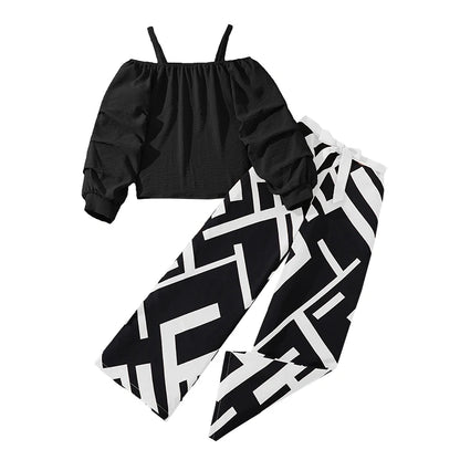 Kids Clothing Sets For Girls Khaki Off-shoulder Long sleeve Top & Stripe Printing Pants Summer Resort Style Children Suits OOTD