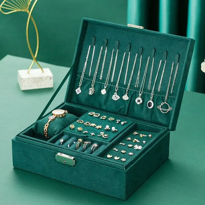 Pink Green 2-Layer Flannel Jewelry Organizer Box Necklaces Earrings Rings Display Holder Case for Women Large Capacity With Lock