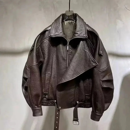 Leather Jacket Motorcycle Male Handsome Rugged and High-End 2025 Autumn Winter New Jacket Short Style Solid Color Jacket Trendy