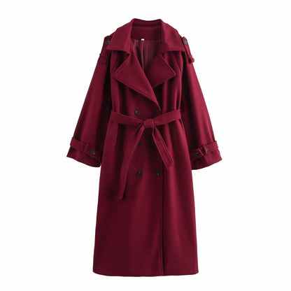 Elegant Solid Women Woolen Long Coats Loose Lapel Double-breasted Full Sleeve Shoulder Pads Overcoat 2026 Spring New Outerwears