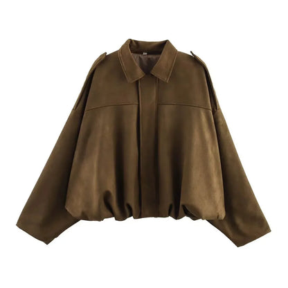 PRINTKAOIR Women's Bomber Jacket Lapel Long Sleeve Zipper Suede Jacket Women High Street Cropped Racing Jackets Coats Outerwears