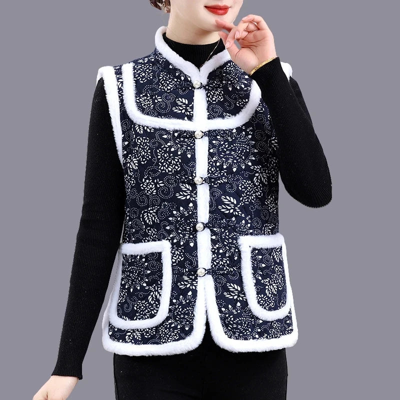 5XL Middle-aged Mother Vest Autumn Winter New Printed Fleece Vest Coat Female Sleeveless Jacket Grandma Thicken Warm Waistcoat