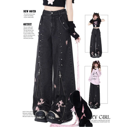 Women's Baggy Pants Punk Y2K Denim Jeans High Street Patchwork Vintage Design Rocker Straight High Waist Printed Patch Raw Edges