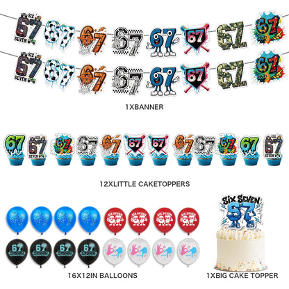 Funny 67 Six Seven Party Decorations, 67 MemeThemed Party  Decorations Set Includes Banner, Cake Topper, Cupcake Toppers, Ballon