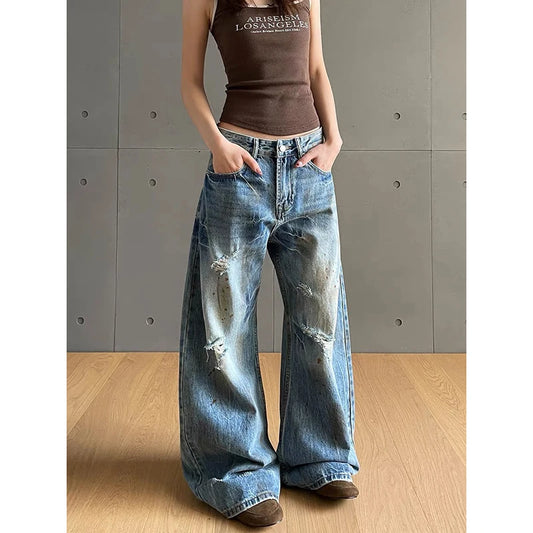 2025 Spring American Vintage Y2K 2000s Washed Do Old Blue Baggy Ripped Jeans Women's Loose Wide Leg Cargo Casual Denim Pants