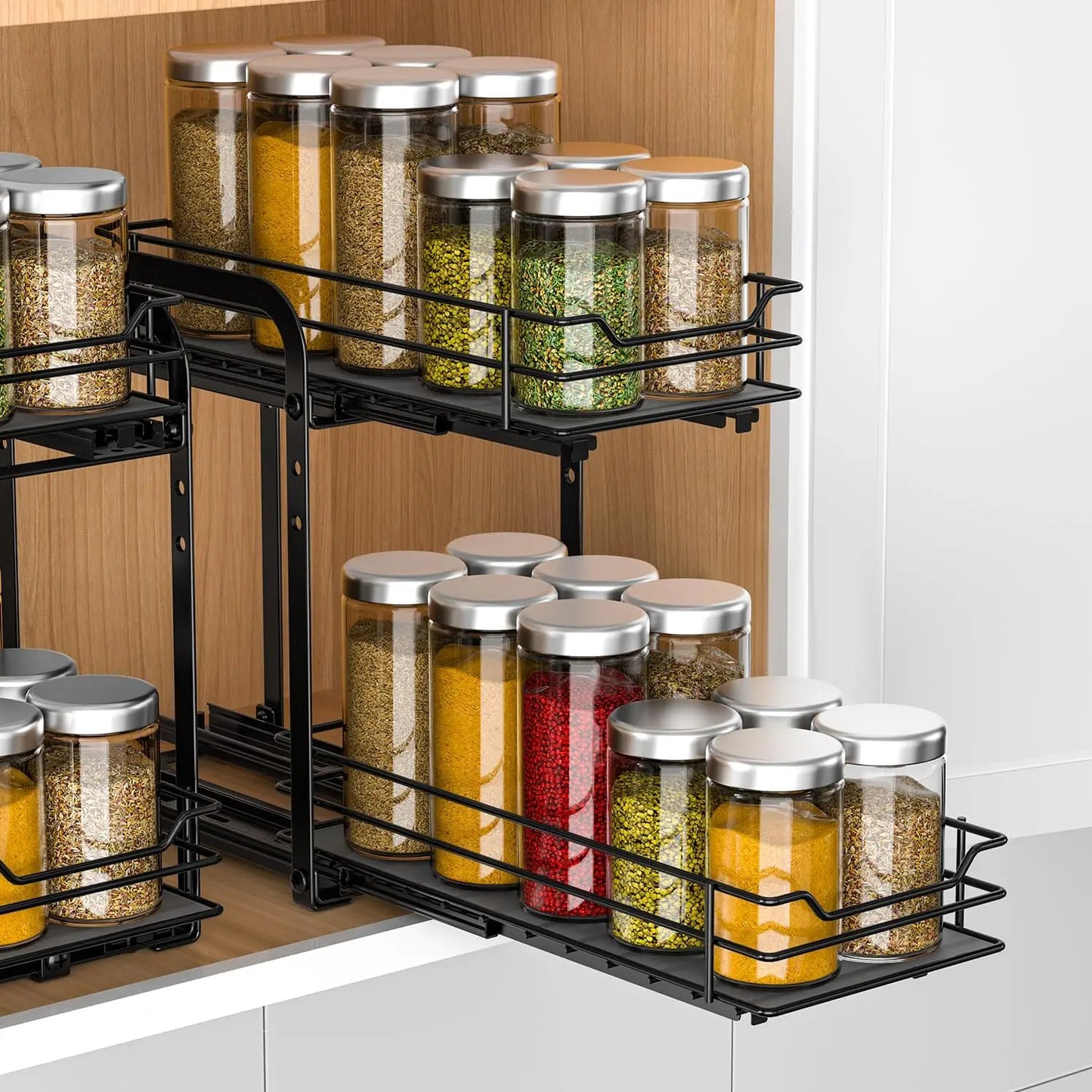 Spice Rack Organizer for Cabinet 2 Tier Pull Out Spice Racks for Inside CabinetHeight Adjustable Heavy Duty Vertical Spice Shelf