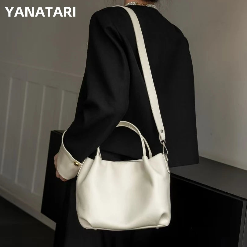 YANATARI Cowhide Genuine Leather Handbags Women Vintage Shoulder Bag Bucket Bag Soft Leather Luxury High Quality Crossbody Bag