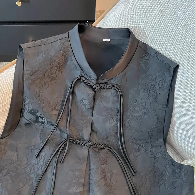 New Chinese Style Black Women Loose Fit Vest Coat Spring Autumn Female Jacquard Camisole 2024 Ladies Cardigan Waistcoat  Jacket