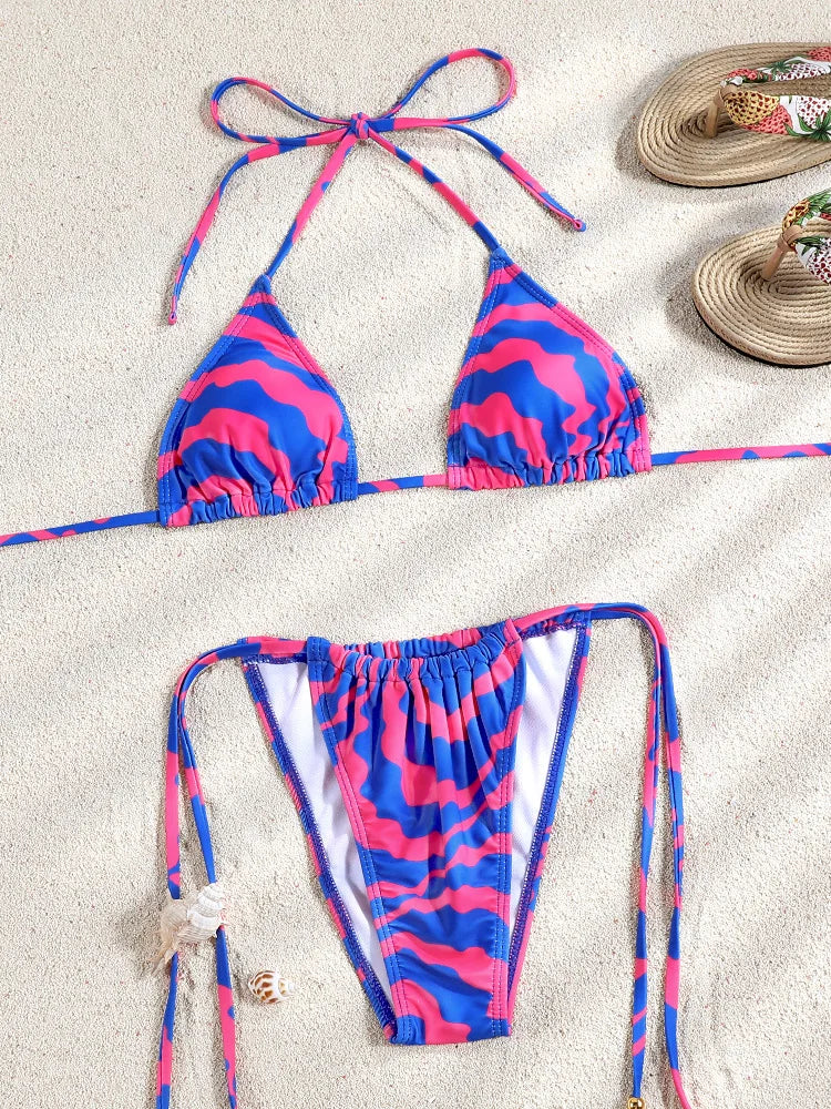 ZRTAK Triangle Bikini Striped Swimsuit Women Swimwear Printed Bathing Suit Brazilian Biquini Sexy Beach Wear Two Piece Suits