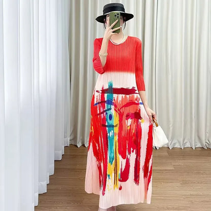 Beautiful Long Dresses Womens Dresses Miyake Summer Design Sense Round Neck Cropped Sleeve Pattern Printed Pleated Dress Female
