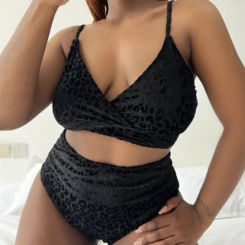 Large Size 4XL Women Leopard Swimsuit Sexy V Neck Backless Bikini Set High Waist Swimwear Push Up Beachwear Bathing Suit Tankini