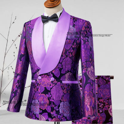G&N 2025 New Jacquard Suit Men's 2-piece Formal Ball Performance Set Black Satin Collar Purple Rose Red Flower Pattern Costumes