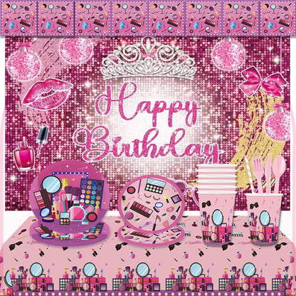 Girl's Birthday Party Supplies  Cosmetics Decorations Background Banners Disposable Cups Plates Knives Forks Spoon Gift Backdrop