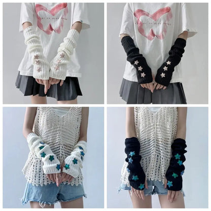 Punk Solid Color Star Knitted Gloves Y2k Gothic Wool Sleeve Cuff Long Hand Sleeve Arm Warmers Winter