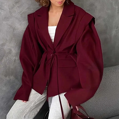 Temperament Commuter Women's Suit Coat 2025 Spring Autumn New Casual Solid Color Fashion Waist Strap Shoulder Cushion Suit Coat