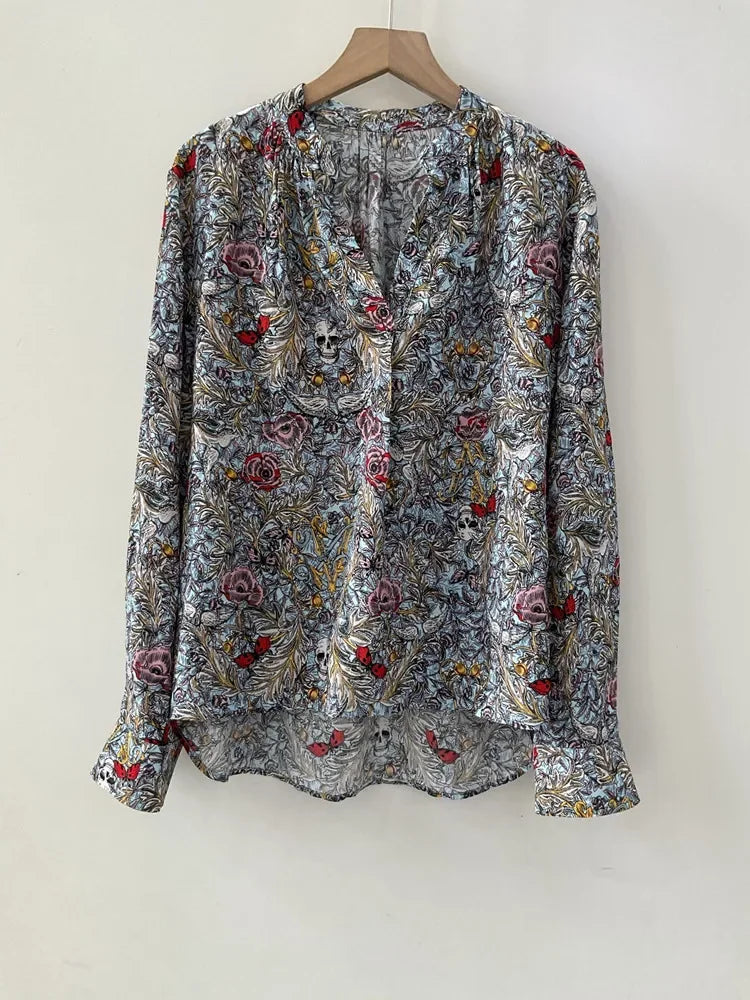 100% Viscose Long Dress Women Slit Floral Skull Wings Printed Elastic High Waist V-neck Lady Long Sleeve Dress 2025 Spring
