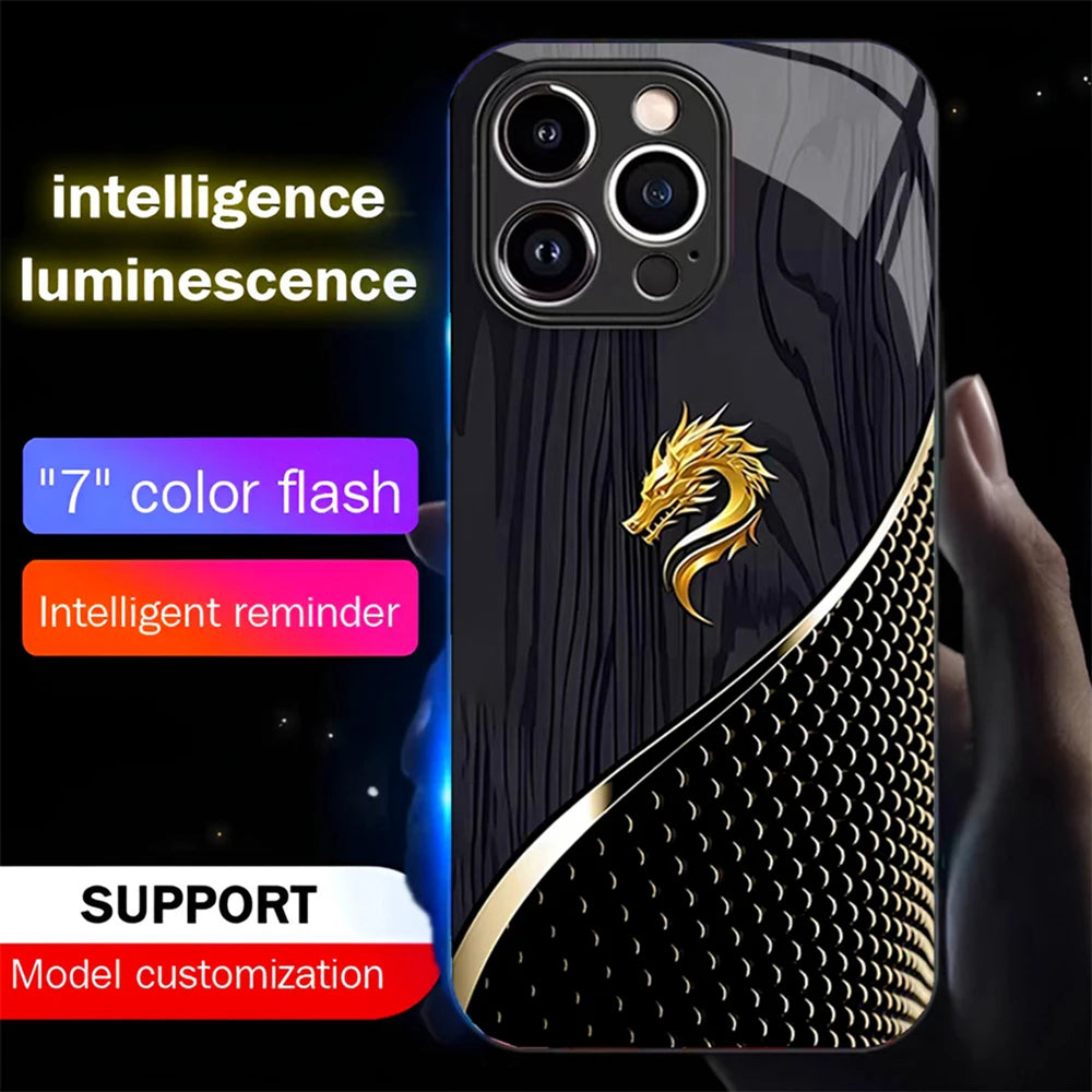 Wood Grain Dragon Emblem Sound Control LED Flash Cases Luminous Glass Cover For XiaoMi 15 14 13 12 11 Pro Ultra