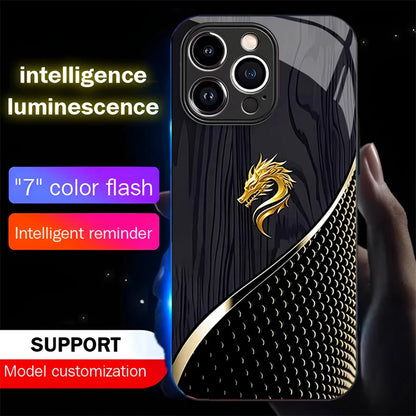 Wood Grain Dragon Emblem Sound Control LED Flash Cases Luminous Glass Cover For XiaoMi 15 14 13 12 11 Pro Ultra