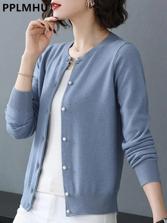 Spring Fall Slim Knit Cardigans Jacket Women Casual Korean Sweater Coats O-neck Knitwear Gilet Basic Single Breasted Malhas Tops