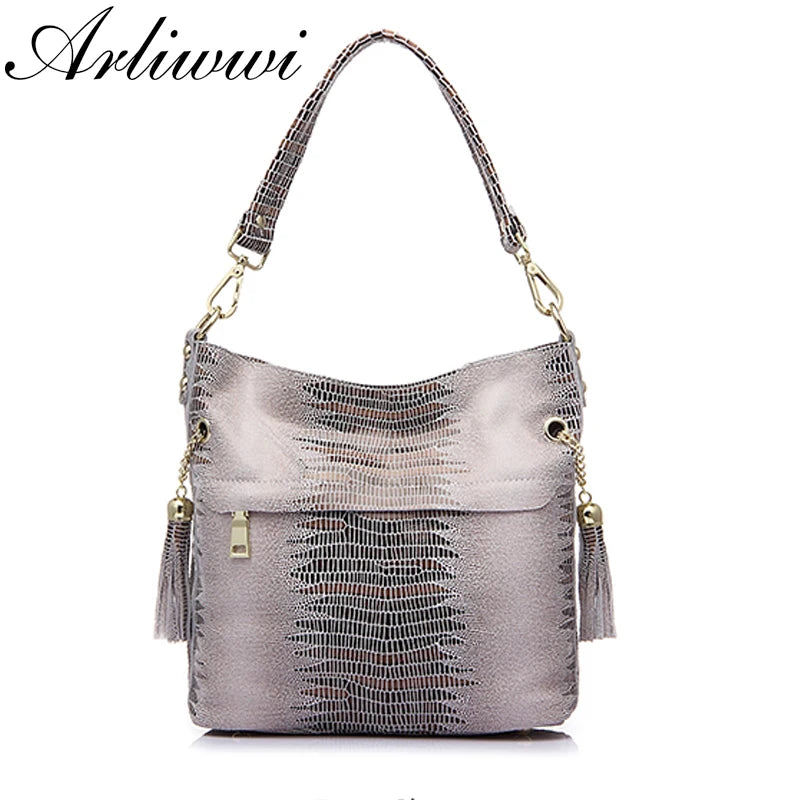 100% Genuine Leather Women's Shoulder Handbags Shiny Embossed Lady Suede Cowhide Real Leather Bags New Cross Body Bucket Bag