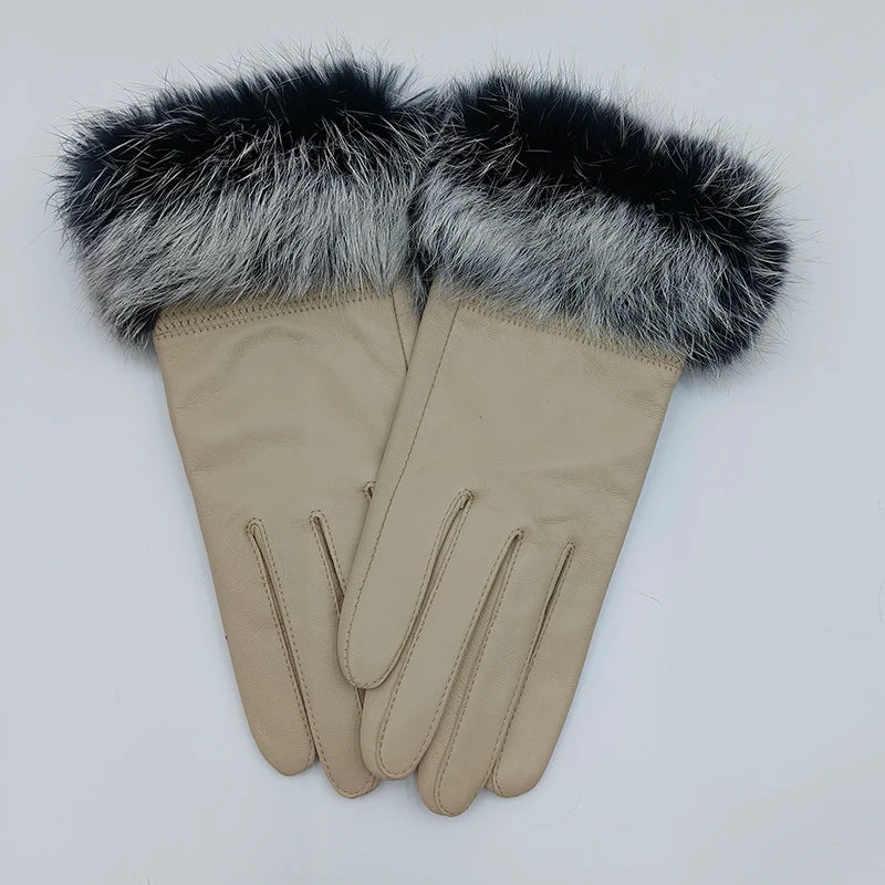 2025 Women Winter Warm Genuine Sheep Leather Glove With Real Fur Trimming Female Warm Real Leather Fur High Quality Mittens