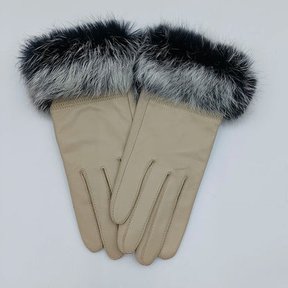 2025 Women Winter Warm Genuine Sheep Leather Glove With Real Fur Trimming Female Warm Real Leather Fur High Quality Mittens