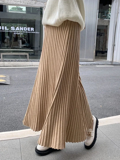 Autumn Winter Women's Long Skirt High Waist Knitted A-line Pleated Skirt Ladies Elegant Solid Gray Loose Casual Skirts for Women