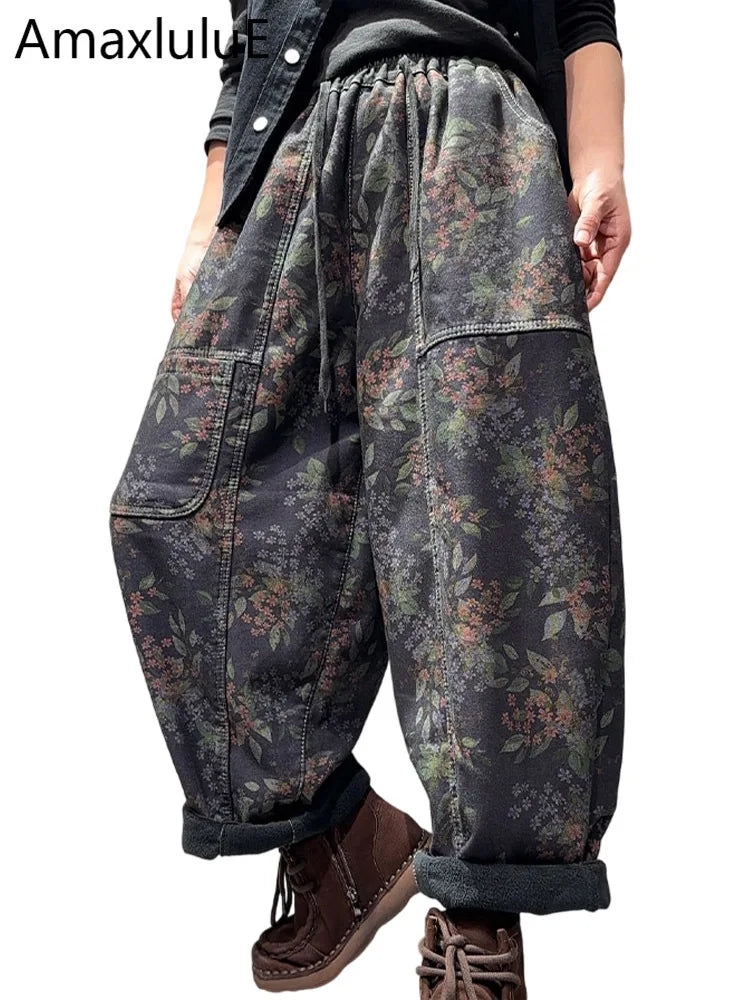 Amax LuluE Winter Casual Vintage Floral Jeans Womens Fashion Fur Denim Pants Ladies Classic Printed Warm Thicken Harem Trousers