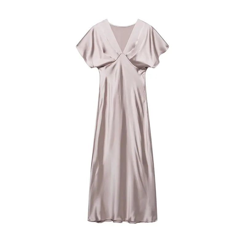 Elegant Satin Solid Long Dress Women V-neck Short Sleeve Pleated Slim High Waist Dresses 2025 Summer Lady Party Evening Robes