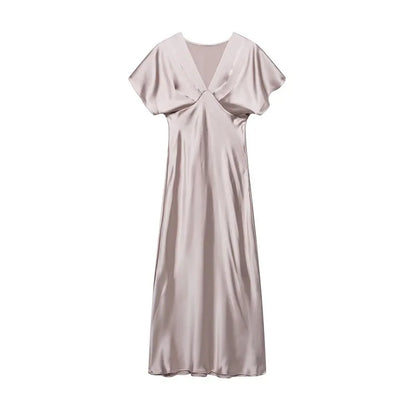 Elegant Satin Solid Long Dress Women V-neck Short Sleeve Pleated Slim High Waist Dresses 2025 Summer Lady Party Evening Robes
