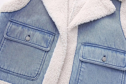 New Women Fashion Turn Down Collar Lamb PatchworkWashed Denim Vest Jacket Female Sleeveless Pockets WaistCoat Tops CT5477