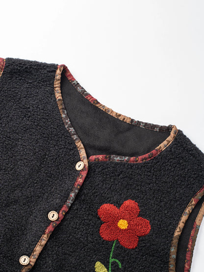 Autumn And Winter Warm Vest One Size Embroidered Flower Suede Lamb Vest Coat With Pockets For Women Sleeveless Loose Jacket
