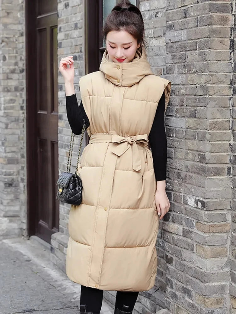 2025 Down Cotton Long Waistcoat Women Vest Jackets Warm Elegance Coats Winter Women Korean Lace-up Sleeveless Puffer Jacket