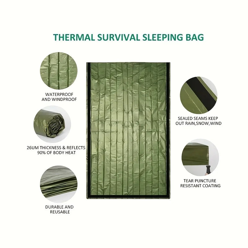 Multi-pack emergency sleeping bags, green, drawstring bag,suitable for outdoor camping, emergency use, and outdoor activities