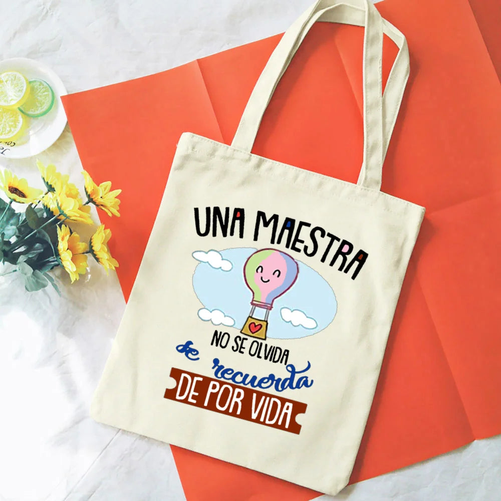 Spanish Printed Women Tote Bag Canvas Shopping Bags Female Travel Shoulder Bag Casual Handbag Graduation Thanks Gift for Teacher