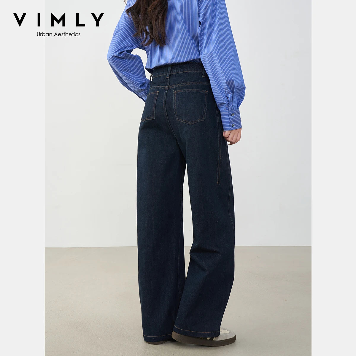 VIMLY Navy Blue Denim Woman Pants Autumn 2025 New Vintage Clothing Pockets Mid-waist Loose Female Trousers Women Clothes 75125