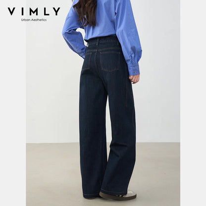 VIMLY Navy Blue Denim Woman Pants Autumn 2025 New Vintage Clothing Pockets Mid-waist Loose Female Trousers Women Clothes 75125