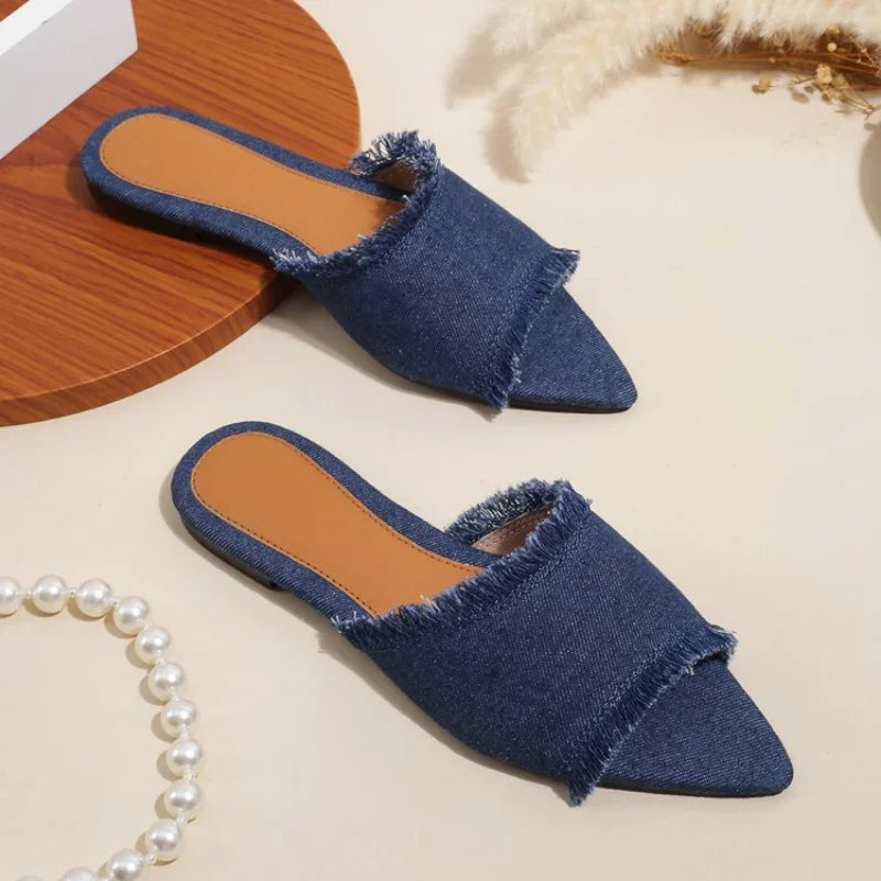 Women Flats Cowboy Slippers Fashion Beach Dress Shoes  Summer Femme Pointed Toe Flip Flops New Casual Slides Zapatos Mujer
