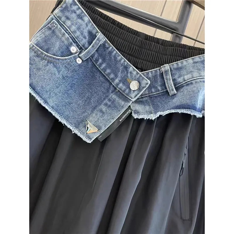 2024 New Arrival Spring/summer Korean Style Women Loose Casual Cotton Denim Patchwork A-line Mid-calf Elastic Waist Skirt P03