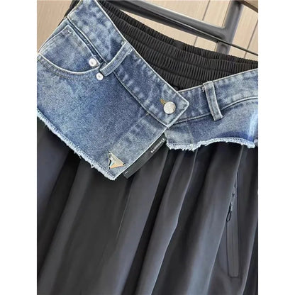 2024 New Arrival Spring/summer Korean Style Women Loose Casual Cotton Denim Patchwork A-line Mid-calf Elastic Waist Skirt P03