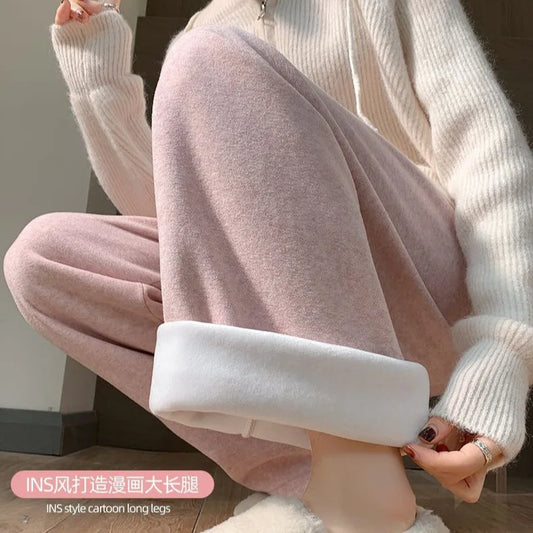 2025Hot Fleece Woman Pants Winter Elastic Waist Warm Leggings Solid Casual Thicken High Waist Straight Comfort Wide Leg Trousers