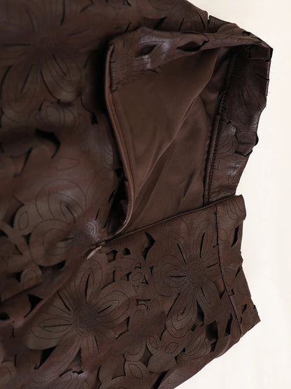 [EAM] High Waist Brown Pu Leather Hollow Out Elegant A-line Half-body Skirt Women Fashion Tide New Spring Autumn 2026 1DJ4309