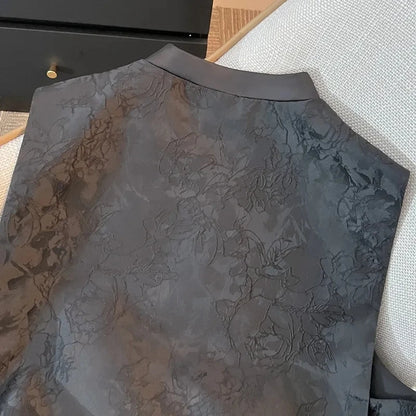 New Chinese Style Black Women Loose Fit Vest Coat Spring Autumn Female Jacquard Camisole 2024 Ladies Cardigan Waistcoat  Jacket