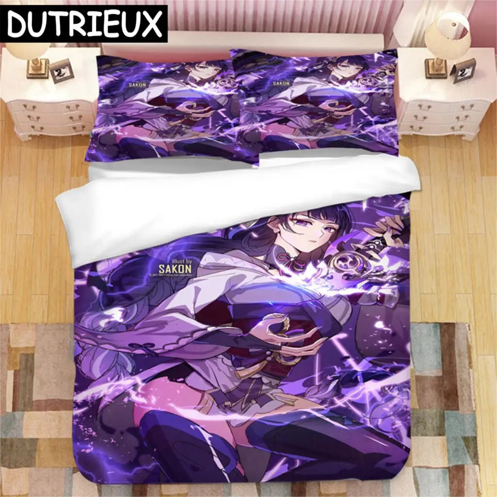 Genshin Impact Raiden Shogun 3D Printed Bedding Set Duvet Covers Pillowcases Comforter Bedding Set Bedclothes Duvet Cover